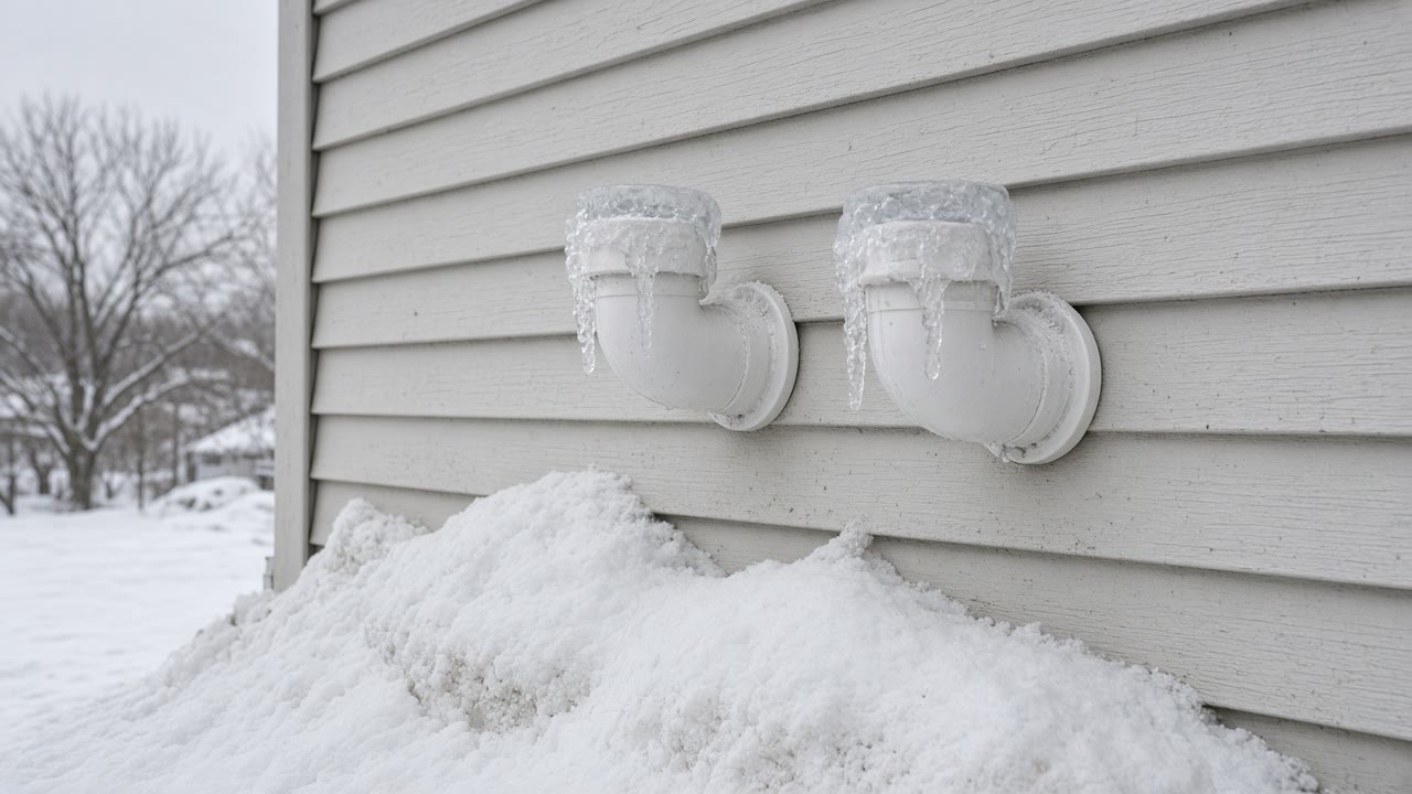 Sidewall vent pipes on a house wall with snow drifted close beneath them