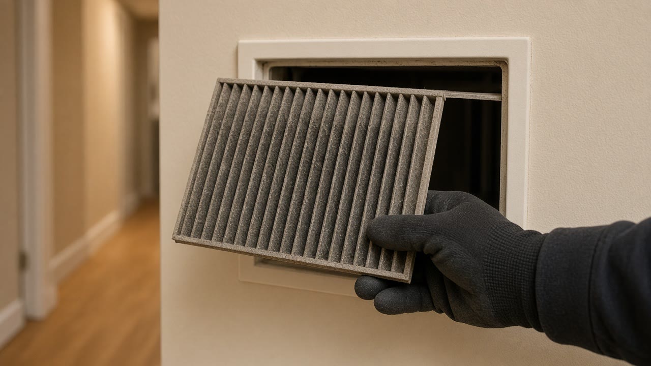 Dust loaded pleated air filter being drawn out of a return duct