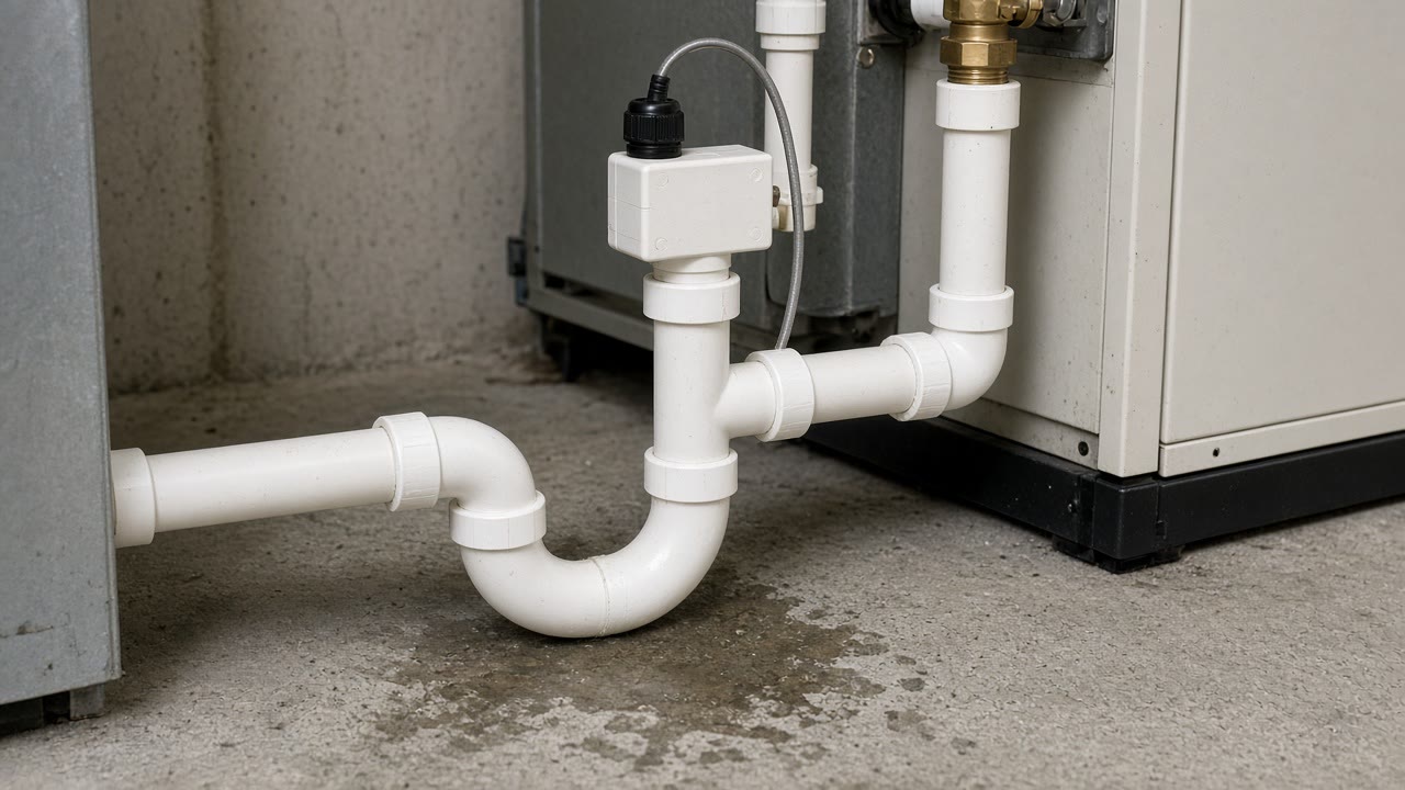 Condensate drain line, trap and float switch beneath a high efficiency furnace