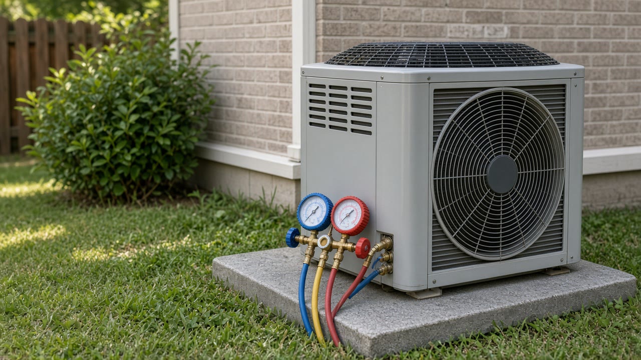 Outdoor air conditioning condenser with a refrigerant gauge set connected to the service ports