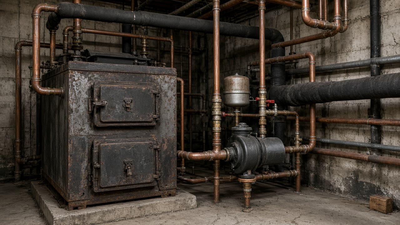 Cast iron boiler with copper piping and a circulator pump in a basement