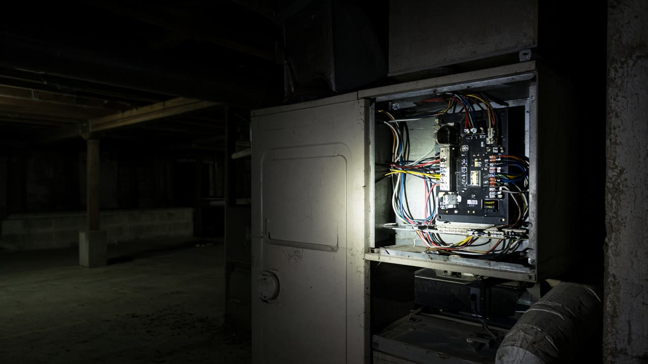 Flashlight beam on the open control area of a furnace in a dark basement