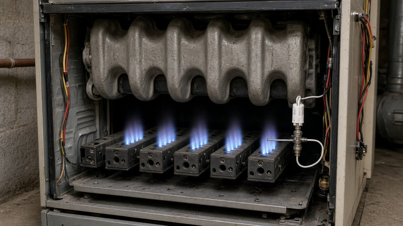 Open burner compartment of a gas furnace showing the burners and flame sensor