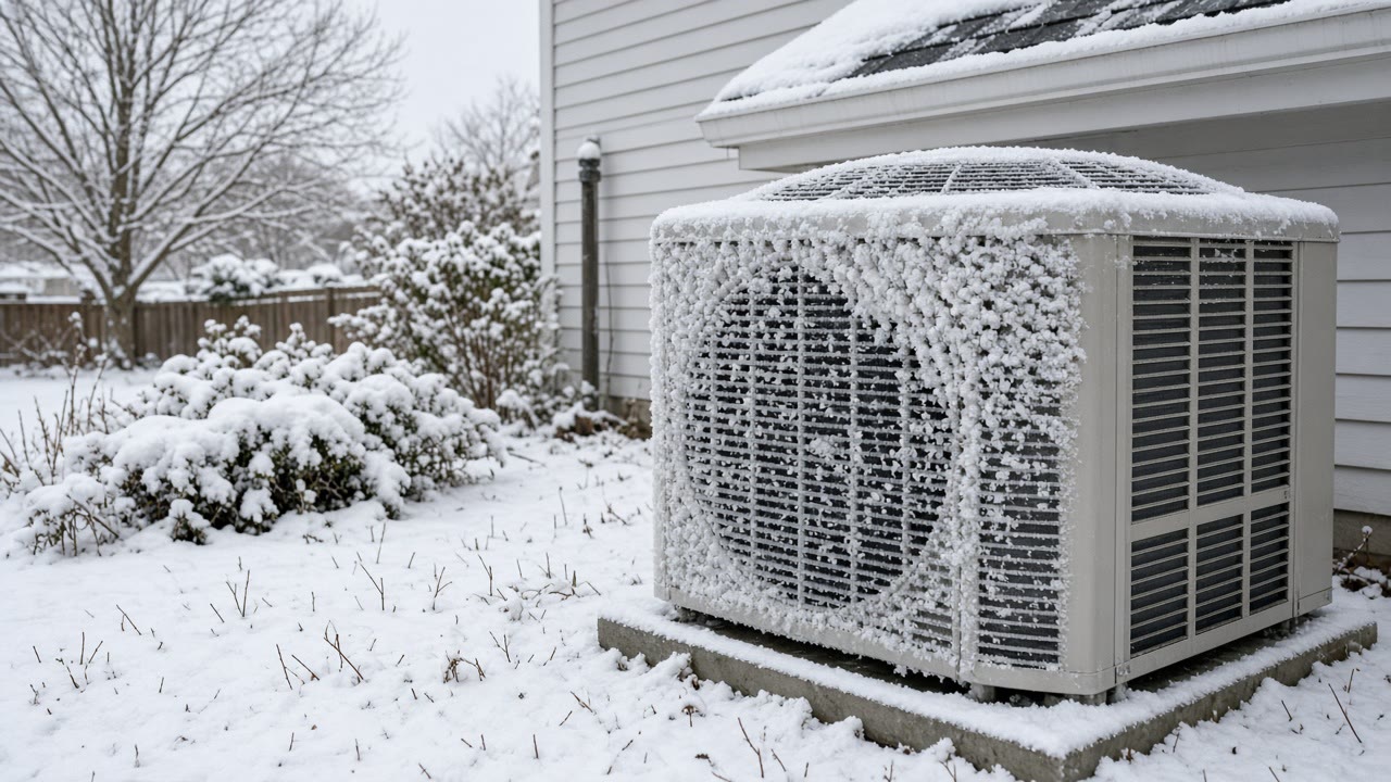 Outdoor heat pump unit with ice built up across its coil in winter