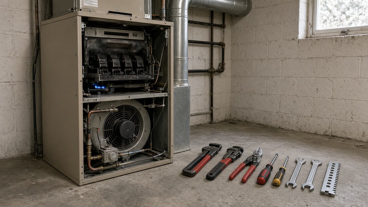 Basement gas furnace with the front panel removed and hand tools set out beside it